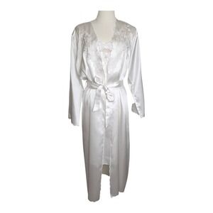 Vintage Plants 100% Silk White Bridal Peignoir Floral Embroidery Robe Set L
